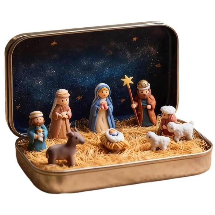Mini Crèche De Noël En Boîte En étain - Figurines En Résine Peintes à La Main, Décoration De Table Portable (3.5x2.5x2.5 Cm) - 13