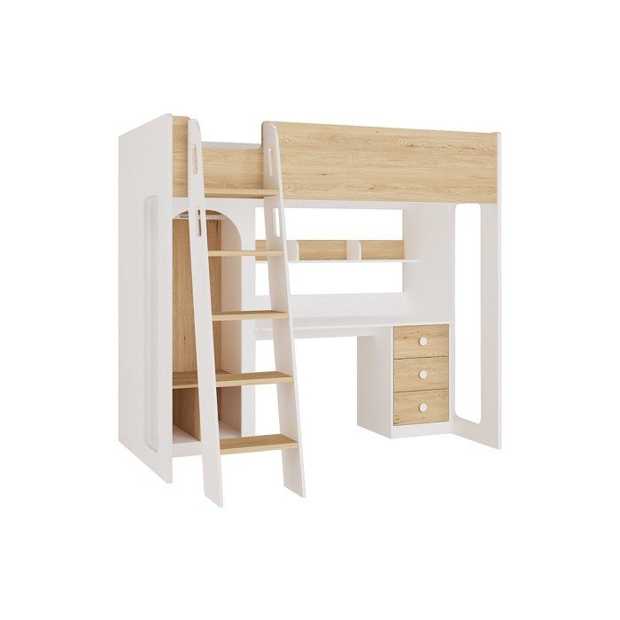 Lit mezzanine 90 x 190 cm avec penderie et bureau – Coloris : Naturel et blanc - ALVENOU