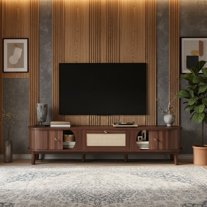 Meuble TV 170cm - Bois Massif & Rotin - Portes Coulissantes - Noyer & Beige - Style Naturel Rustique - 2 Tiroirs