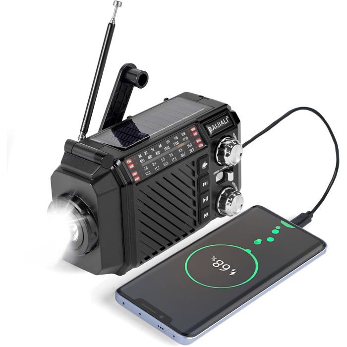 Radio de Survie Radio à Manivelle avec Power Bank 2600mAh Radio Solaire Dynamo pour Urgence (AM/FM/OC) - Lampe Torche SOS