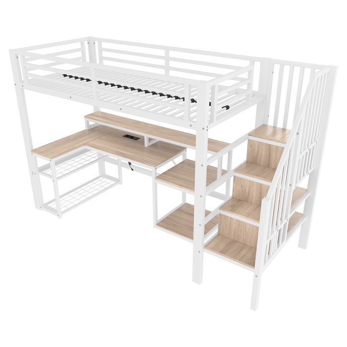 Lit Mezzanine Enfant 90x200 cm en Métal avec Bureau Angle étagères Escalier Rangement LED USB Sécurisé Blanc
