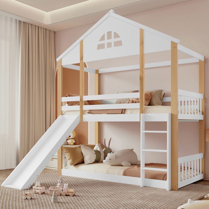 Lit superposé enfant 90x200 cm Lit cabane avec toboggan escalier 3 marches barrières de sécurité - Bois Massif - Blanc et Naturel