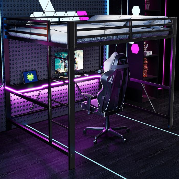 Cadre de lit mezzanine métal 160 x 200 cm avec LED recharge USB et bureau noir