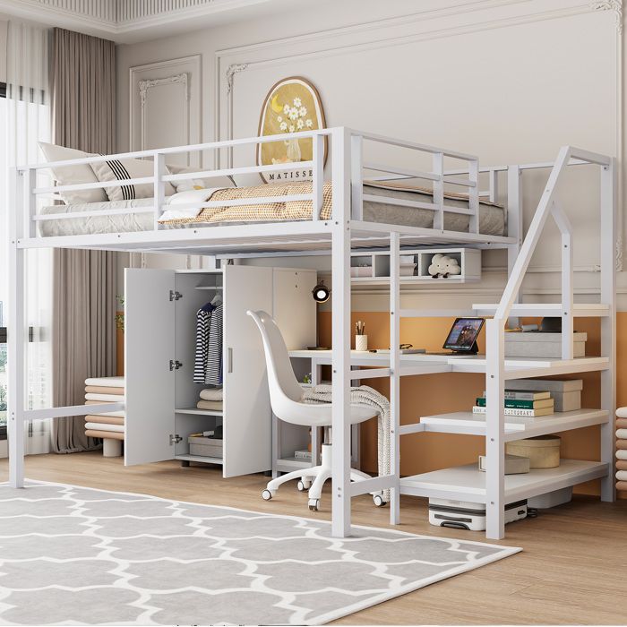 Lit mezzanine 140x200 cm avec bureau intégré armoire étagères et rangements d’échelle métal blanc
