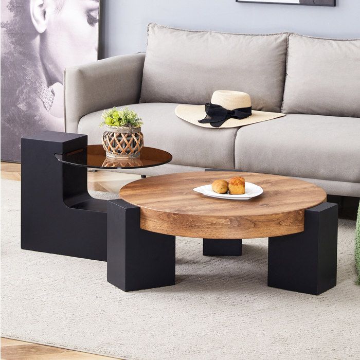 Table basse ronde gigogne à 2 niveaux en verre teinté et MDF noir aspect bois