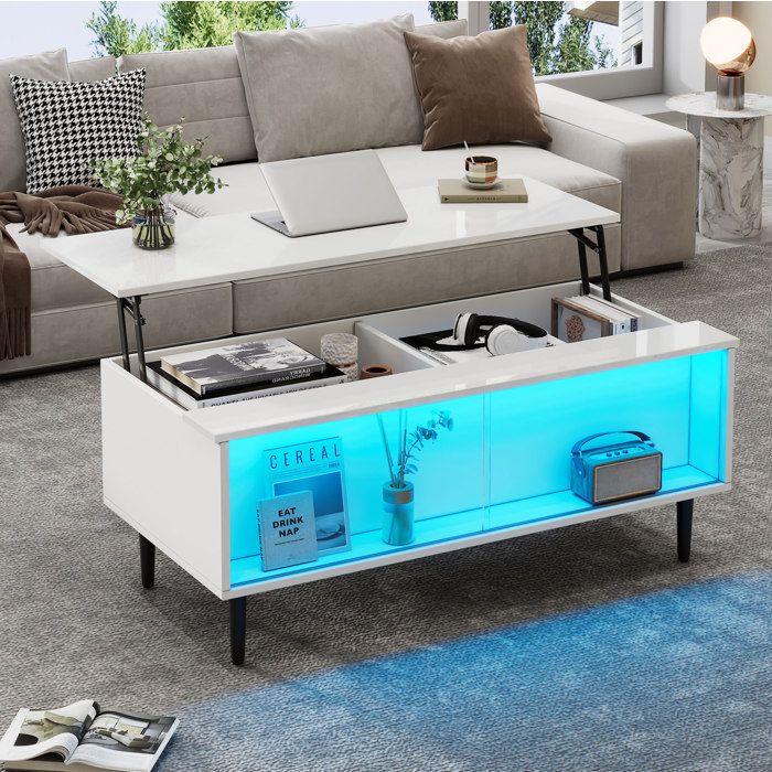 Table basse relevable blanche avec LED rangement caché et verre trempé