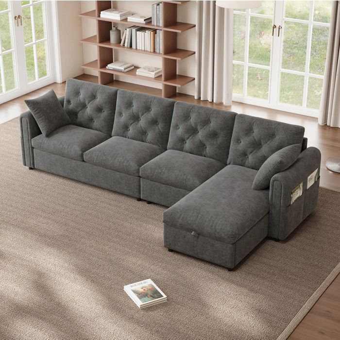 Canapé d’angle en velours gris convertible avec coffre et poches latérales