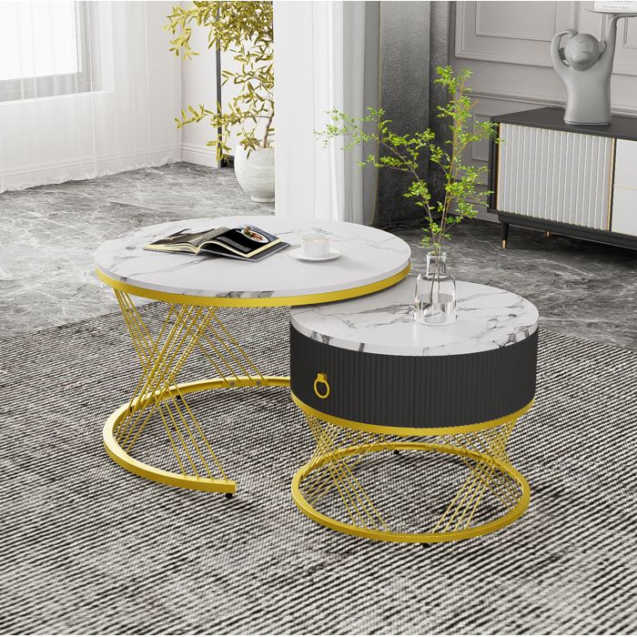 Table basse modulable ronde lot de 2 avec tiroir effet marbre et décor doré pour salon - UVRION