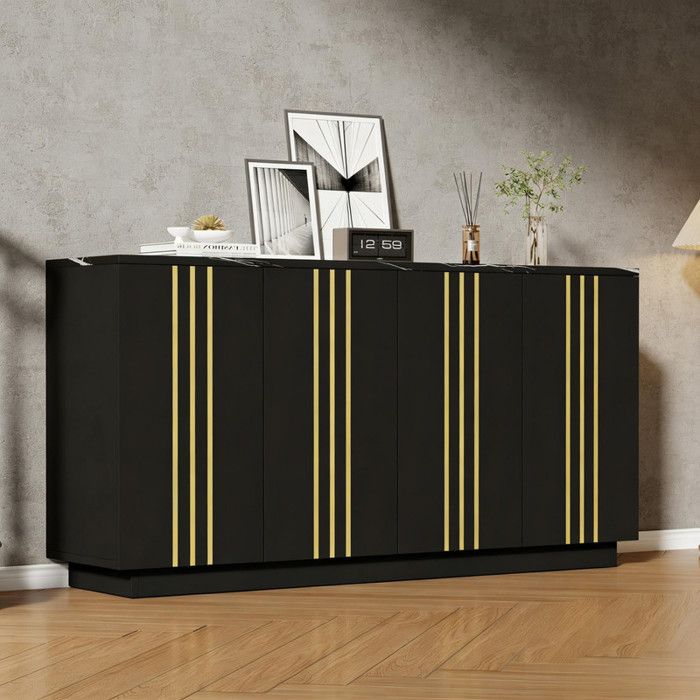 Buffet de salon meuble de rangement 4 portes buffet 35x140x70cm. Design orné de lignes dorées séparateurs réglables noir et or