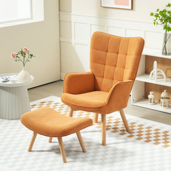 Fauteuil dappoint - Fauteuil à oreilles - Velours côtelé marron - Ottomane assortie - Pieds en hêtre