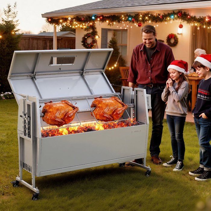 Barbecue à charbon 60 kg rôtissoire électrique 38 W 4 hauteurs roues – inox