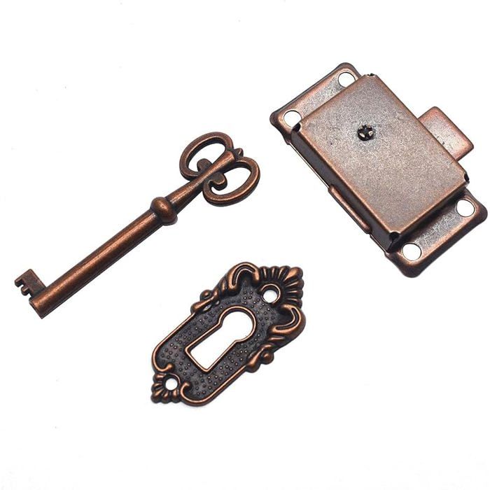 Serrure décorative de porte armoire vintage avec clé et vis pour armoire boîte à outils couleur cuivre rouge