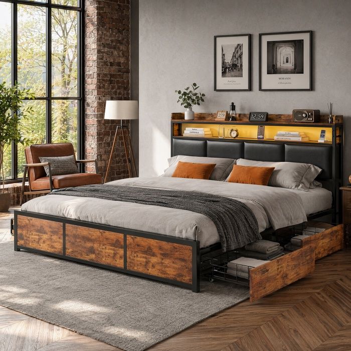 Lit 160x200 cm avec Tête de lit Rangement SORVAGLOS lit double LED4 tiroirs Lit adulte sommier à lattesMarron PU