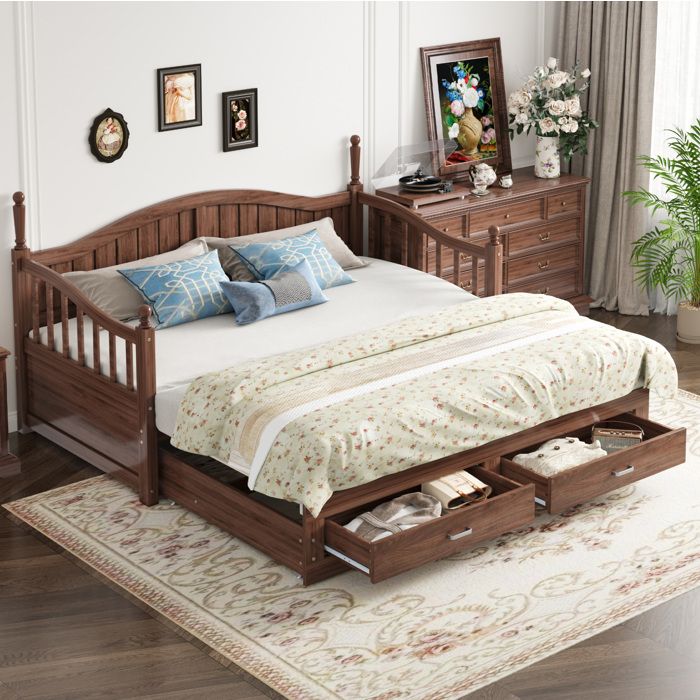 Modenuit Lit gigogne en bois massif 90x190 cm extensible 180x190 cm noyer naturel 2 tiroirs