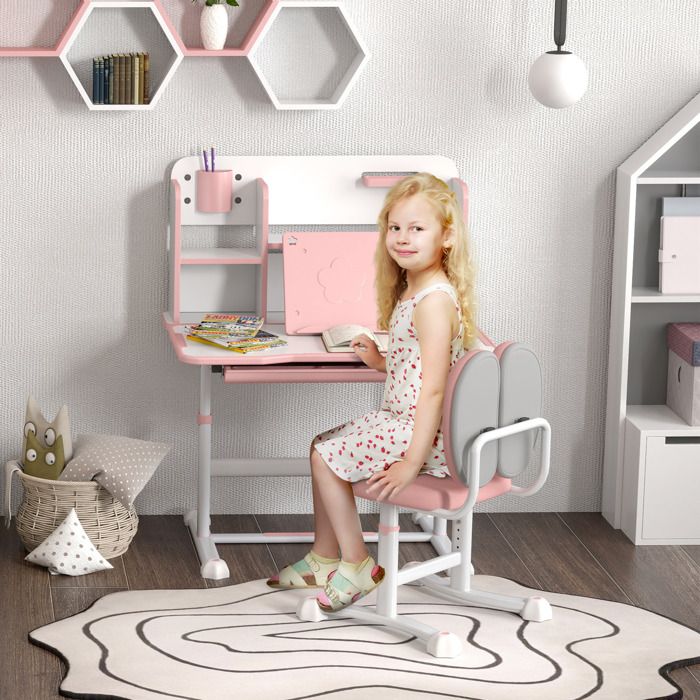 Set bureau et chaise enfant réglables rose pupitre avec plateau inclinable tiroir et étagère