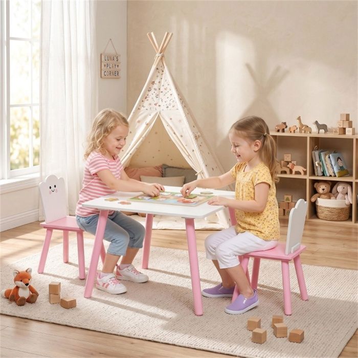 Ensemble table et chaises pour enfants 3 pièces - Table enfant avec 2 chaises - Taille Enfant - Rose et Blanc