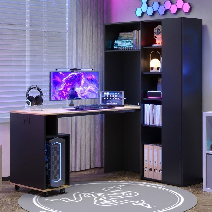Bureau secrétaire pliable EVRYAE avec bibliothèque intégrée prise EU et ports USB MDF noir et bois