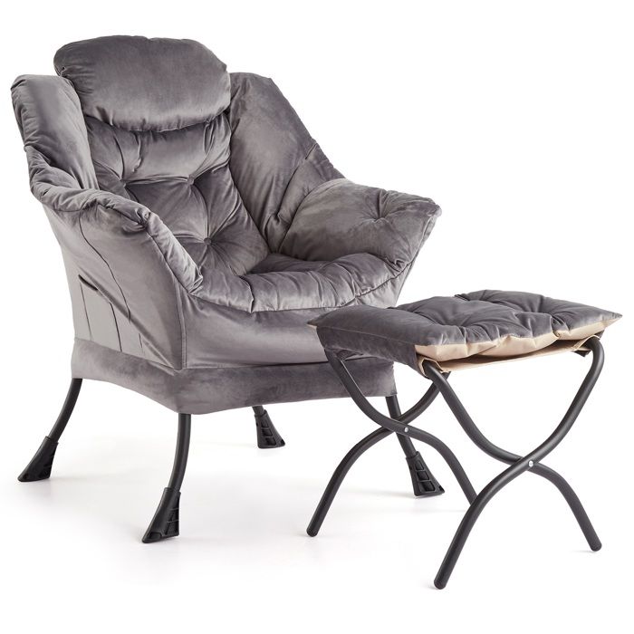 Fauteuil moderne en velours néerlandais avec accoudoirs poche latérale pieds acier et ottoman repose-pieds couleur gris foncé