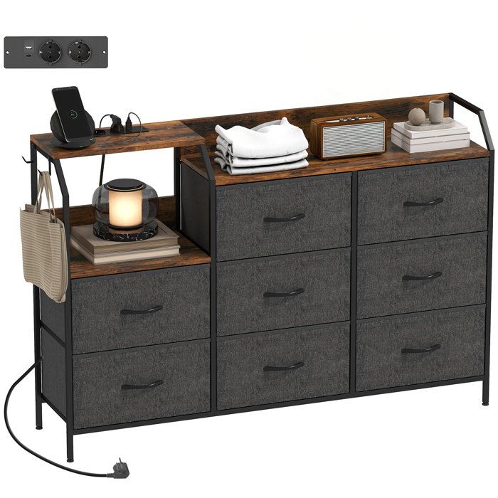 Commode avec 8 Tiroirs en Tissu et Station de Charge - Cadre en Acier - Marron Rustique et Noir
