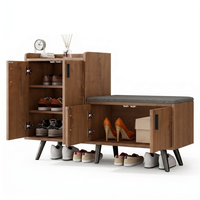 LEMLIT Banc à Chaussures avec Assise 120x34x82 cm 4 Portes de Rangement Poignées Métalliques Asymétriques Naturel