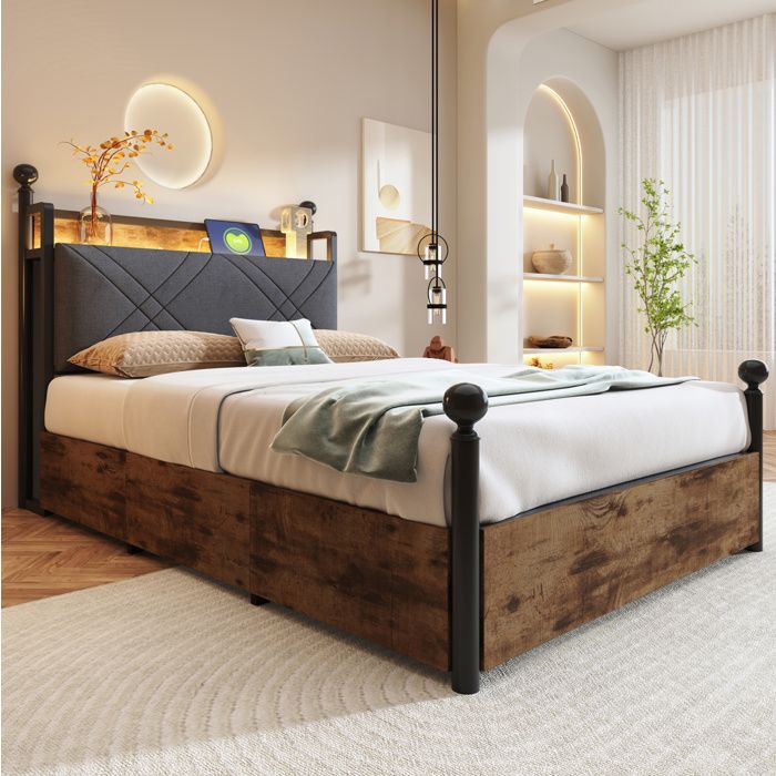 Lit à baldaquin amovible simple 90×190 cm LED USB Type-C 2 tiroirs et rangement - MODENVIE - sans matelas