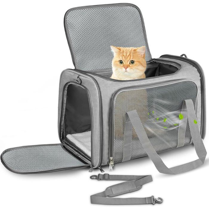 Sac de transport chat et chien - matelas souple - pliable et respirant mesh polyester - 43x28x28 cm - gris