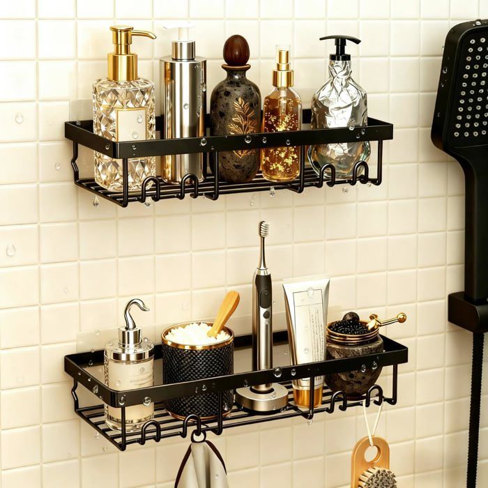 2 Pièces Etagere Douche s Percage Suppt Etagere Rangement ganisation avec Crochets Accessoire Salle de Bain p SUPPORT A ACCESSOIRE