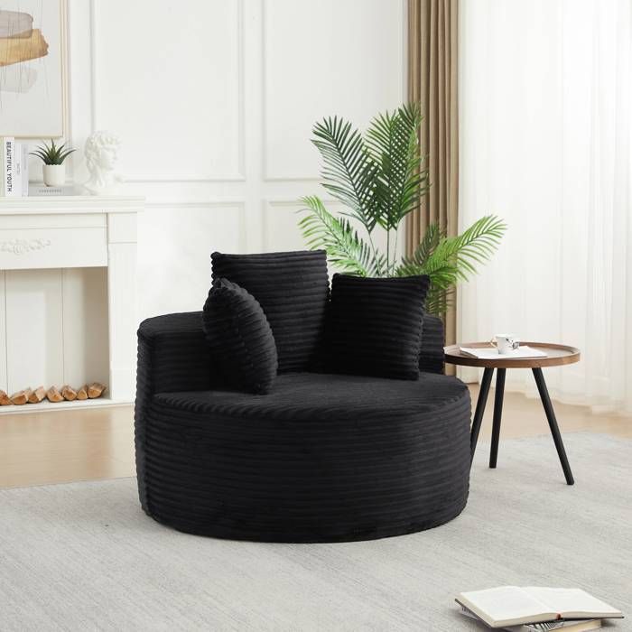 Fauteuil Simple - 110x110x82cm - Fauteuil Crapaud Pivotant/Fixe en Velours Côtelé avec 3 Coussins & Accoudoirs Larges - Noir