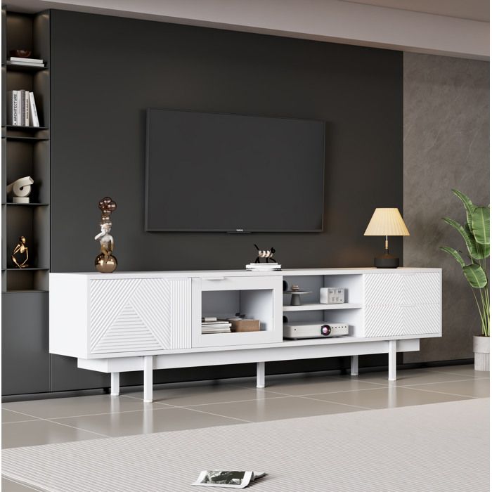 Meuble TV moderne blanc 200 cm – 2 portes 2 tiroirs verre trempé pour TV 80 pouces