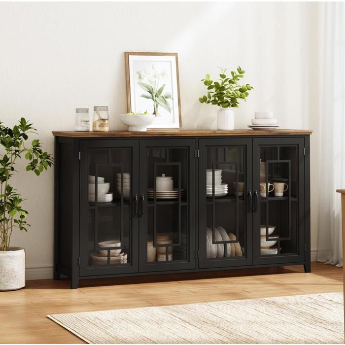 Buffet de cuisine 160 cm portes vitrées meuble de rangement plateau aspect bois anti-basculement MDF noir JOINERY