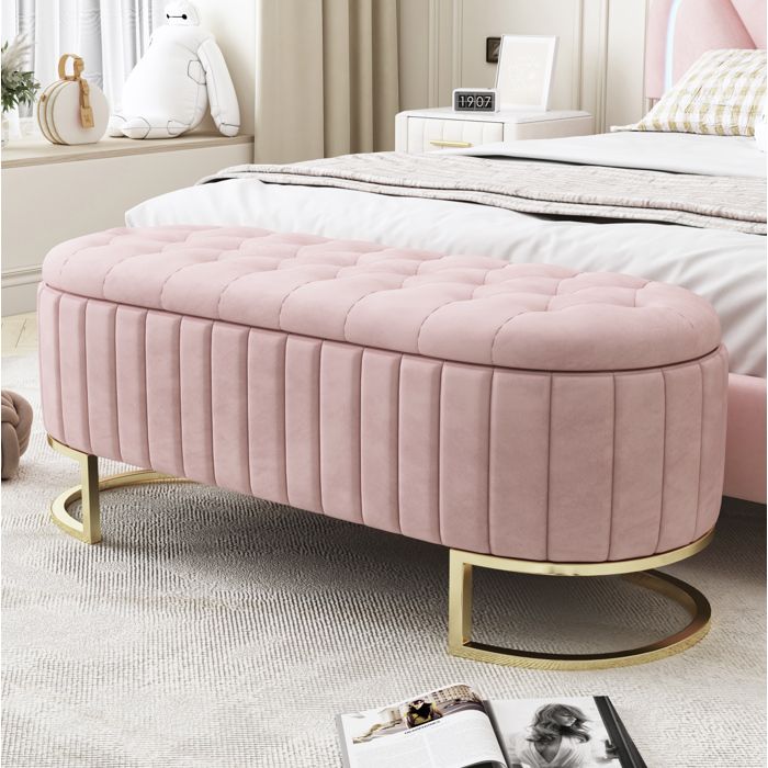 Banc coffre de rangement 120 cm velours rose ottomane rembourrée pieds métal montage facile JOINERY