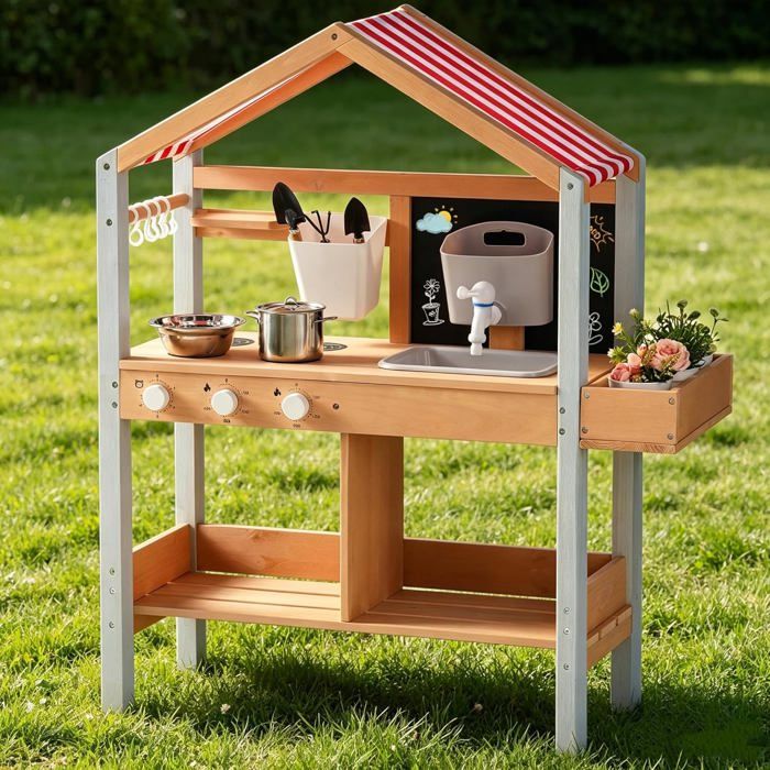 ROBUD Cuisine de boue enfant en bois avec auvent évier robinet bac de plantation tableau et rangement dès 3 ans
