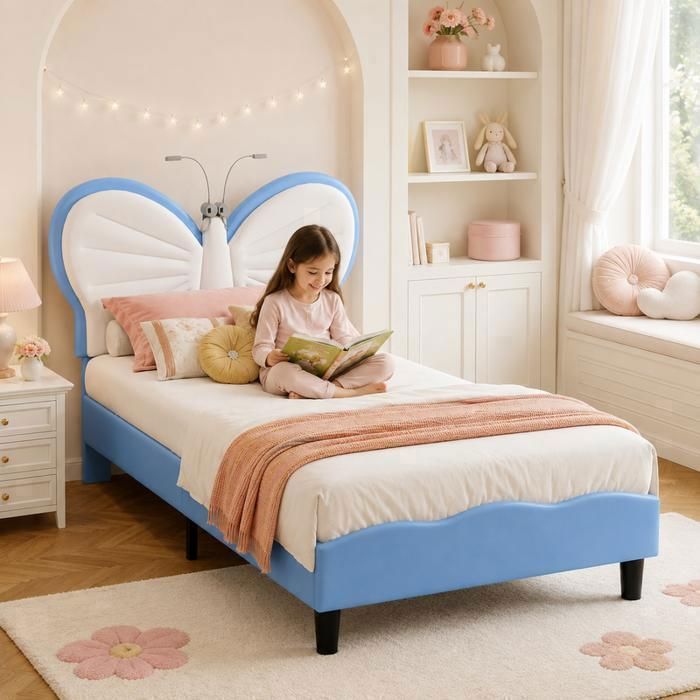 Lit Enfant Fille 90x200 Lit Simple avec Lampe de Lecture Tête de Lit Forme de Papillon et Réglable Cadre de Lit Velours Bleu