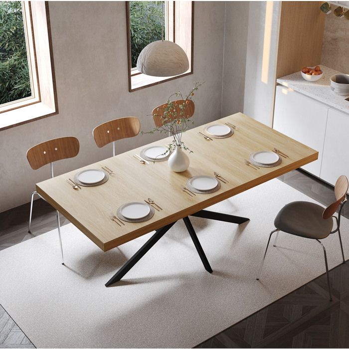 Maisentiel Table à manger extensible rectangulaire 140-180 cm MDF aspect bois naturel piètement métal noir