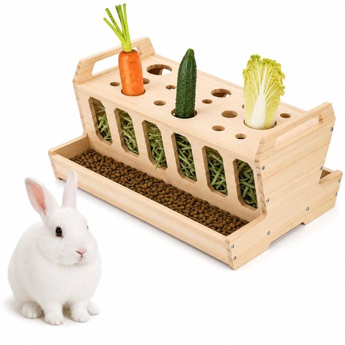Râtelier Foin pour Lapin en Bois Naturel avec Porte-Carotte Distributeur pour Rongeurs/Chinchilla/Cobaye XSHWYAN