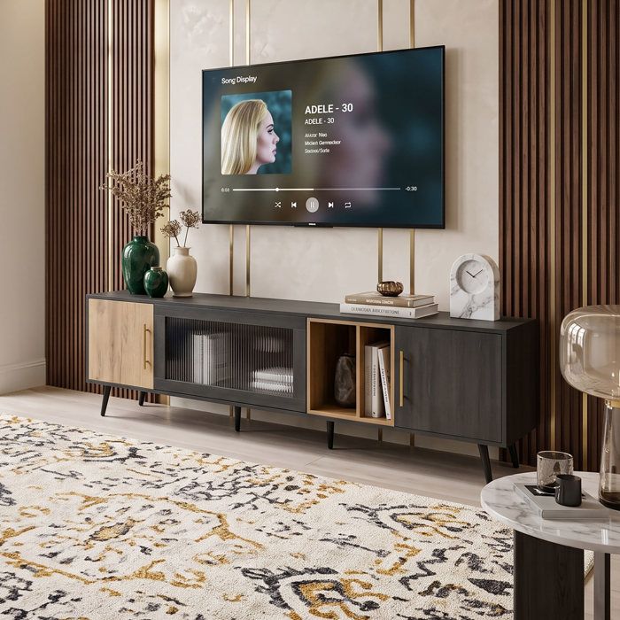 Meuble TV 200cm Grand Rangement pour TV jusquà 90 Design Soigné en Verre Cannelé Changhong Passe-Câbles Intégré - Gris et Bois