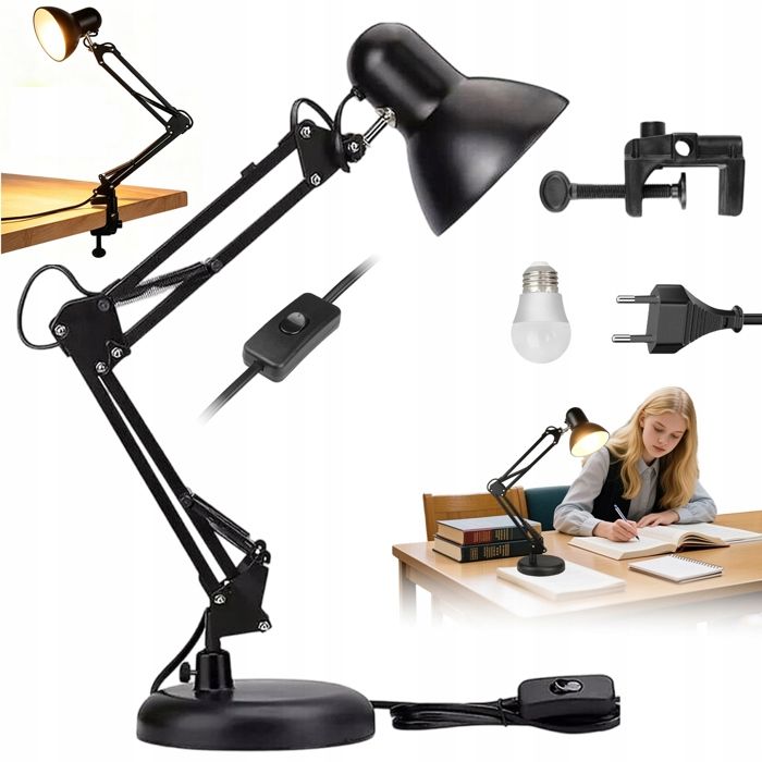 Lampe de bureau rétro-5W-E27-lumière chaude-aluminium/acier-noir-2 montages-socle/pince-interrupteur-53cm-bureau/atelier