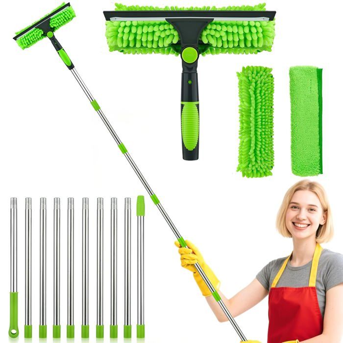Lave-vitres télescopique extensible 4 5 m tête pivotante et raclette silicone microfibre et lot de 3 chiffons inclus