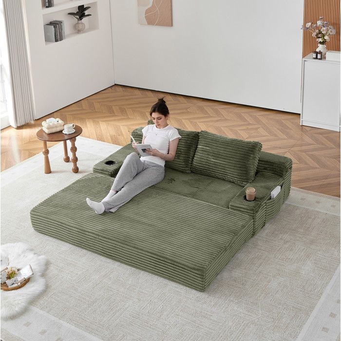 ROVRYN Canapé-lit convertible 2 places 180 x 170 cm en velours côtelé vert avec porte-gobelets