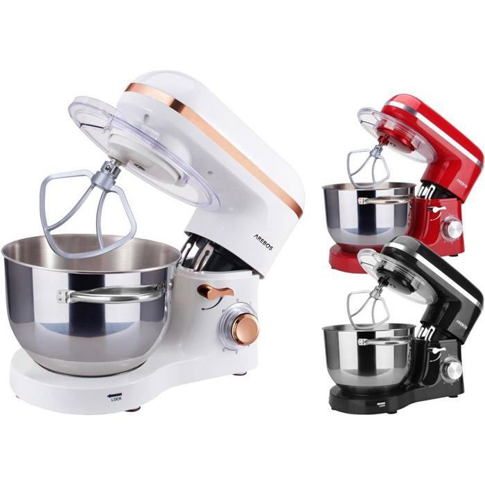 AREBOS Robot Pâtissier Professionnel 1500W  Bol dAcier Inoxydable 6 Litres  6 Vitesses  Fonction Pulse  Blanc