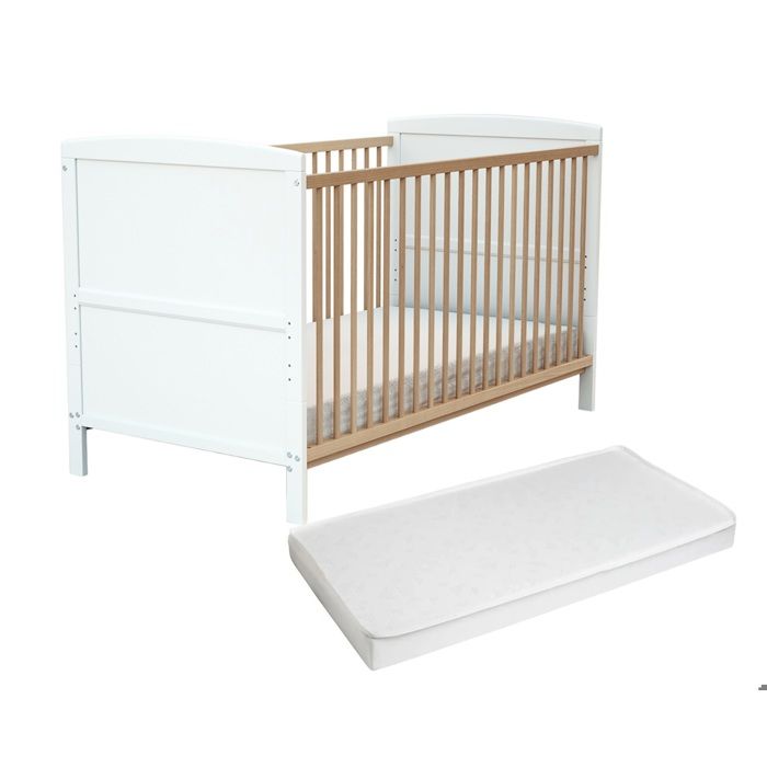 AT4 - Lit bébé évolutif en bois avec matelas en bois LUNA Blanc et Hêtre Verni -