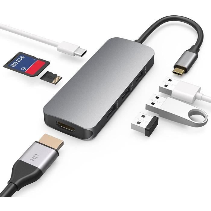 Hub USB-C 7-en-1 Avec HDMI 4K 60Hz, 3 Ports USB 3.0, Charge 100W Et Lecteur SD/TF – Compatible PC Portable, Tablette, Smartphone