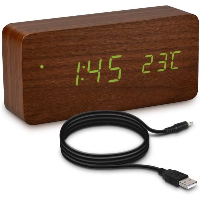 Kwmobile Réveil Bois LED - Horloge Digitale Aspect Bois - Réveil Matin Tactile avec Fonction Date Heure Température - Rectangle Noir - Maison