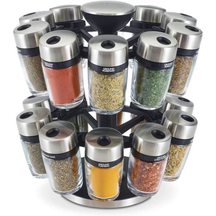 Carrousel à Épices Cole & Mason - 16 Pots Verre - Rotatif 360° - Acier Inox - Épices Incluses - Rangement Cuisine