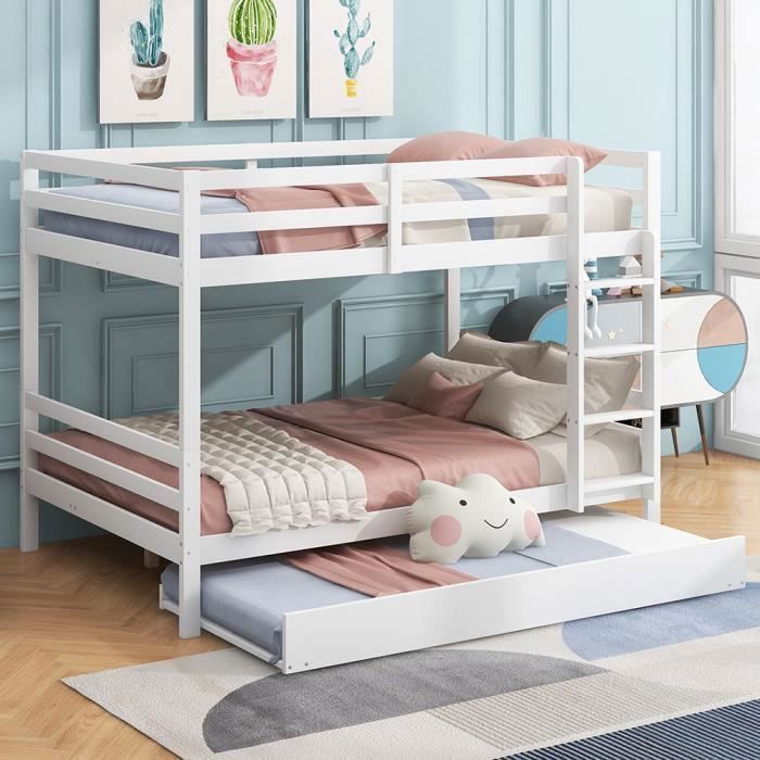 Lit superposés lit simple Lit jeune 140x200 cm Lits denfant avec lit gigogne Rampes hautes Escalier stable Blanc
