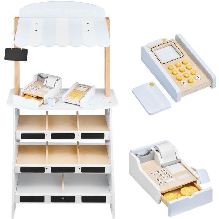 Mamabrum Marchande Enfant en Bois 48 *22,5 * 99 CM - Grand Stand Vendeur  Caisse Enregistreuse, Monnaies, Terminal Paiement - Blanc - Cdiscount Jeux  - Jouets