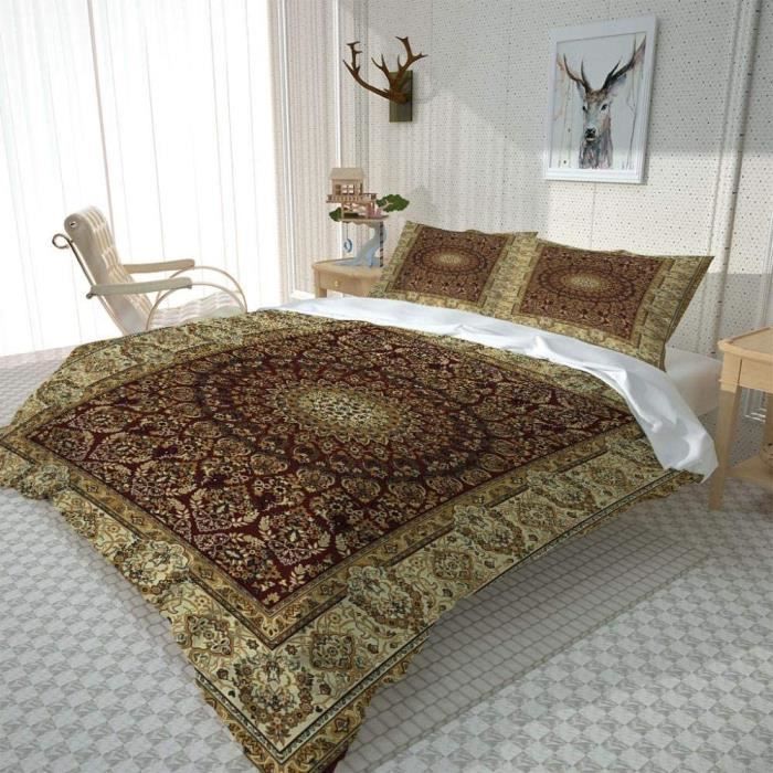 Housse de Couette Motif doré Vintage Fermeture éclair cachée et 2 Taie