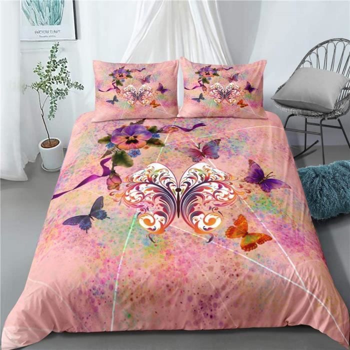Housse De Couette Papillons Roses 200x140cm - Parure De Lit Enfant Reversible | 1 Taie D'Oreiller Incluse