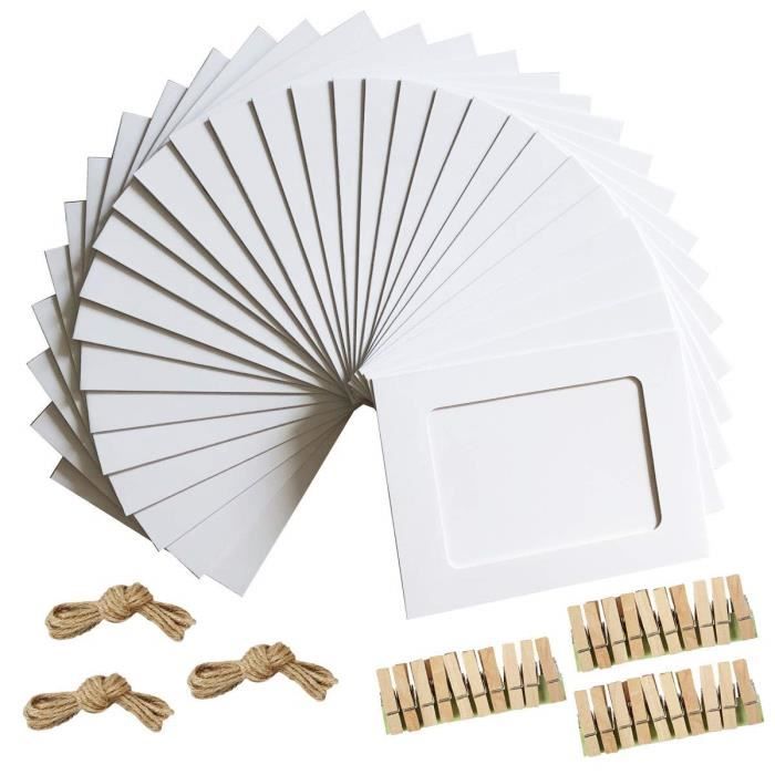 30 Cadres Photos En Carton Kraft DIY 10x15 Cm - Guirlande Murale Déco Avec Cordes Et Clips - Blanc