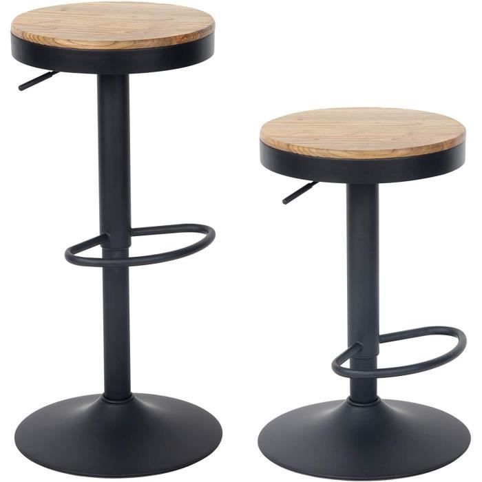 Tabouret de Bar Vintage Rust YOUNIKE - Lot de 2 - Réglable en Hauteur - Avec Dossier - Pieds en Bois Massif